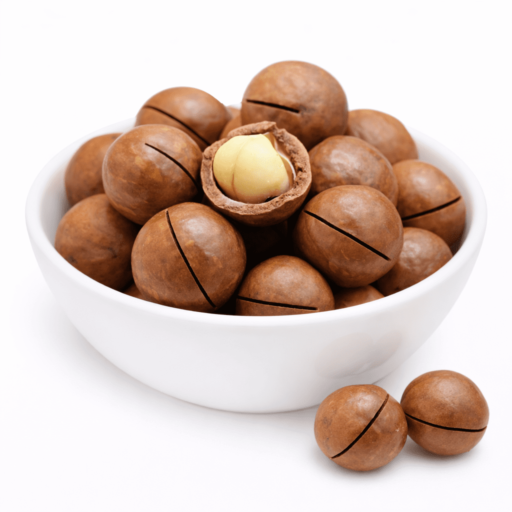 Macadamia with Shell premium whole nuts close-up, large brown hard shell macadamia nuts rich buttery flavor from Zafran House