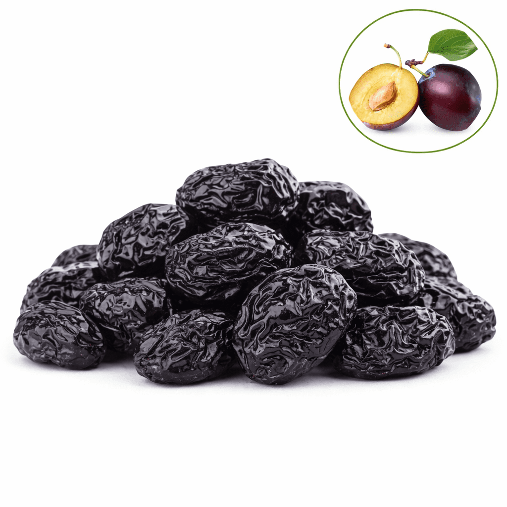 Black Prunes premium dried close-up, deep dark red-black juicy dried plums fiber-rich digestion energy snack from Zafran House