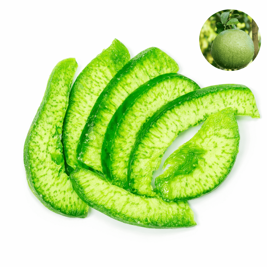 Dried Green Pomelo slices premium close-up, vibrant green sweet-tangy pomelo peel candied exotic snack from Zafran House
