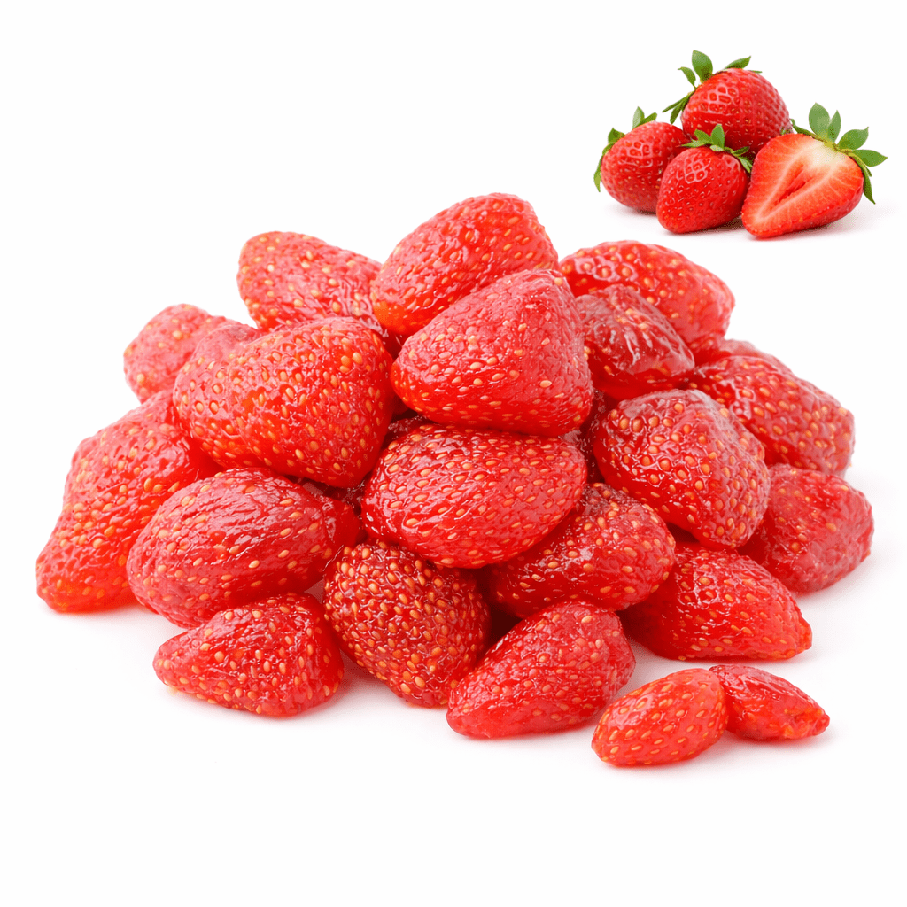 Dried Strawberries premium candied red close-up, sweet-tangy juicy strawberry dry fruit energy snack from Zafran House