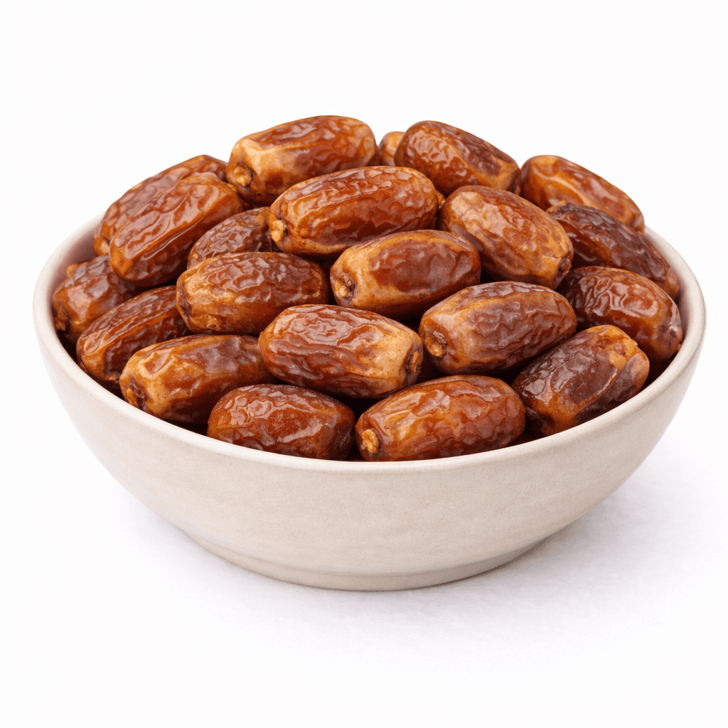 Rabia Dates premium fresh bowl close-up, large plump dark brown khajoor sweet energy-rich from Zafran House