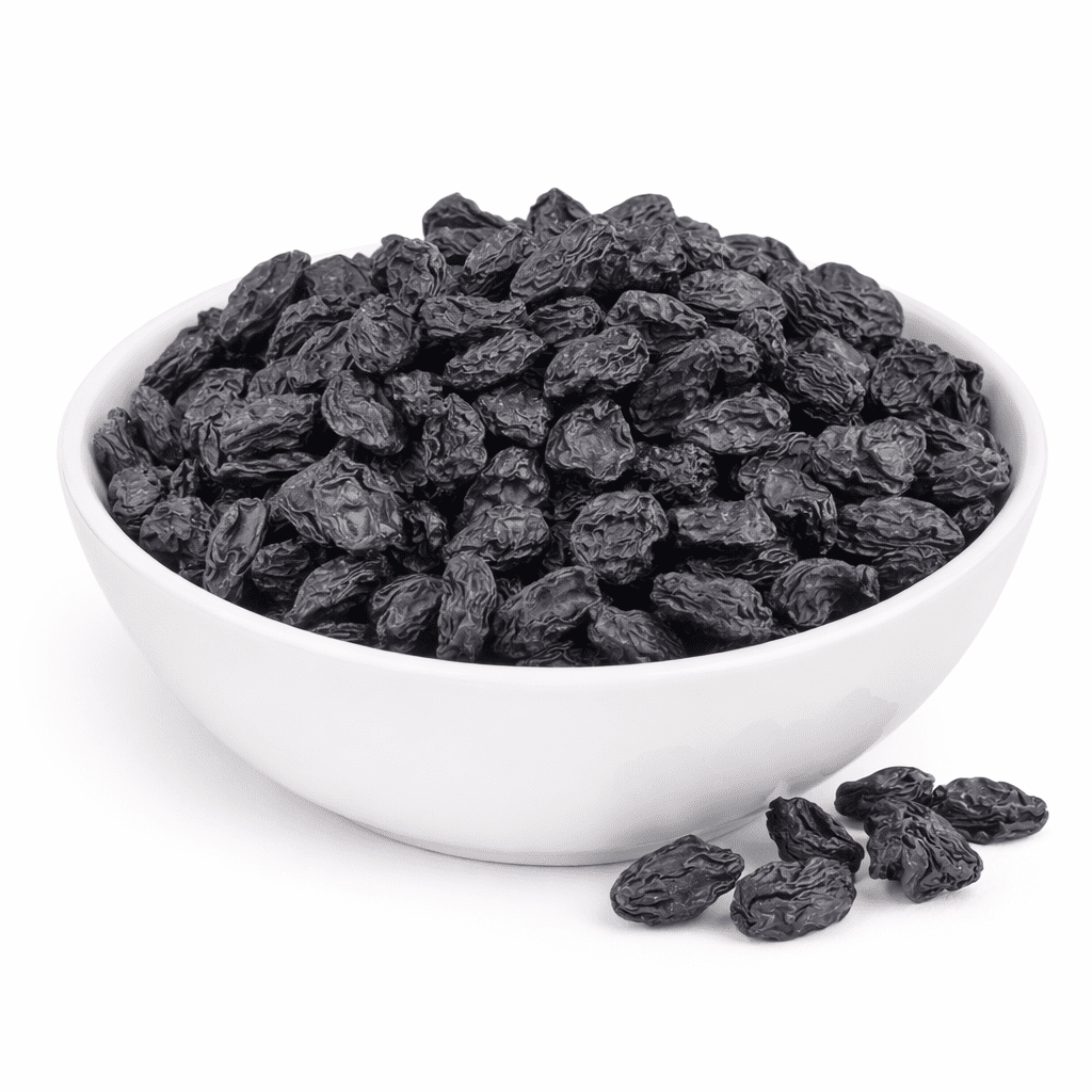 Kishmish Black Afghani premium large raisins close-up, deep black-purple juicy munaqqa iron-rich energy snack from Zafran House