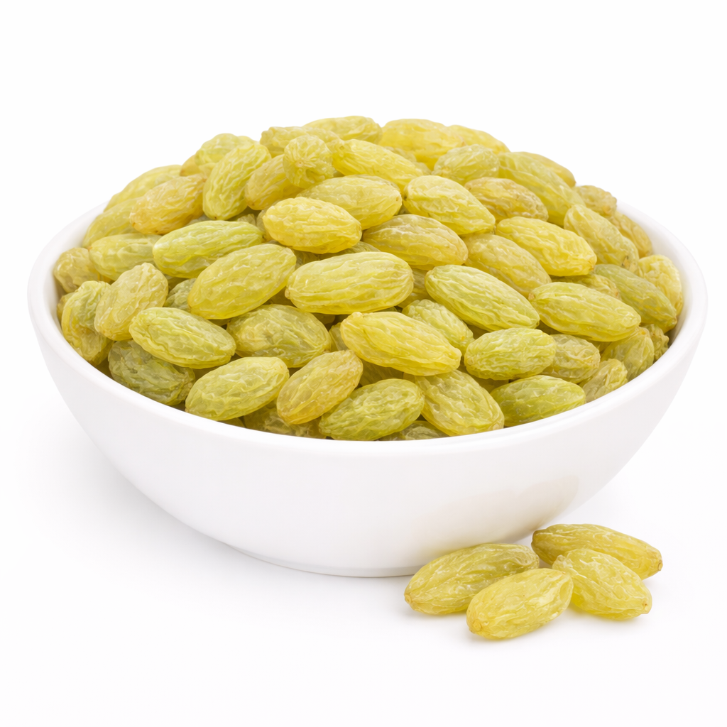 Kishmish Green Gol premium raisins close-up, round bright green juicy gol kishmish iron-rich energy snack from Zafran House