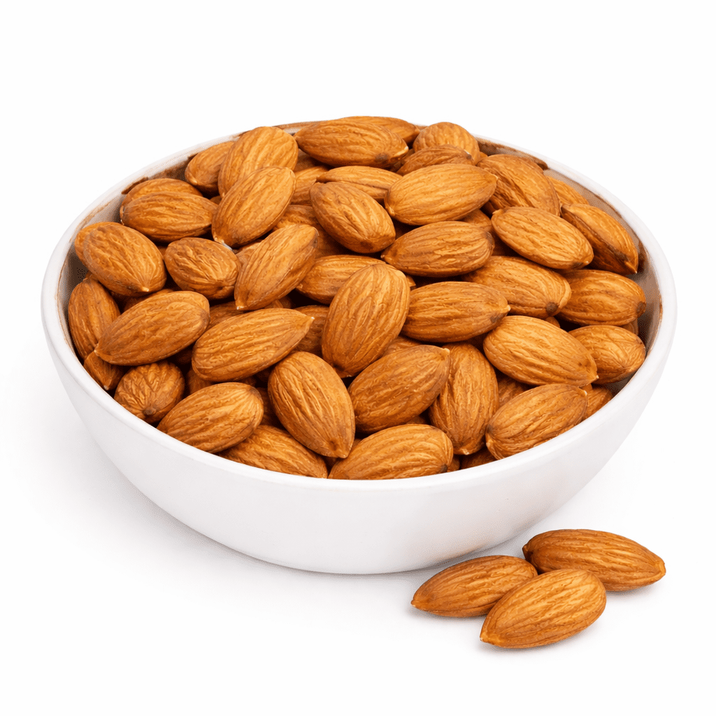 Badam Regular kernels close-up, creamy light brown regular almonds nutty crunch from Zafran House