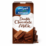 Almarai Double Chocolate Milk 200ml carton with rich chocolate pieces, cocoa beans and creamy milk splash, brown premium packaging imported