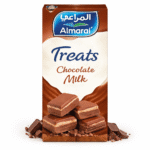 Almarai Treats Chocolate Milk 200ml carton with rich chocolate pieces, creamy chocolate splash and decadent bars, brown premium packaging imported