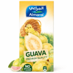 Almarai Guava Juice 200ml carton with fresh guava fruits in basket, sliced guava, yellow premium packaging imported no artificial flavors