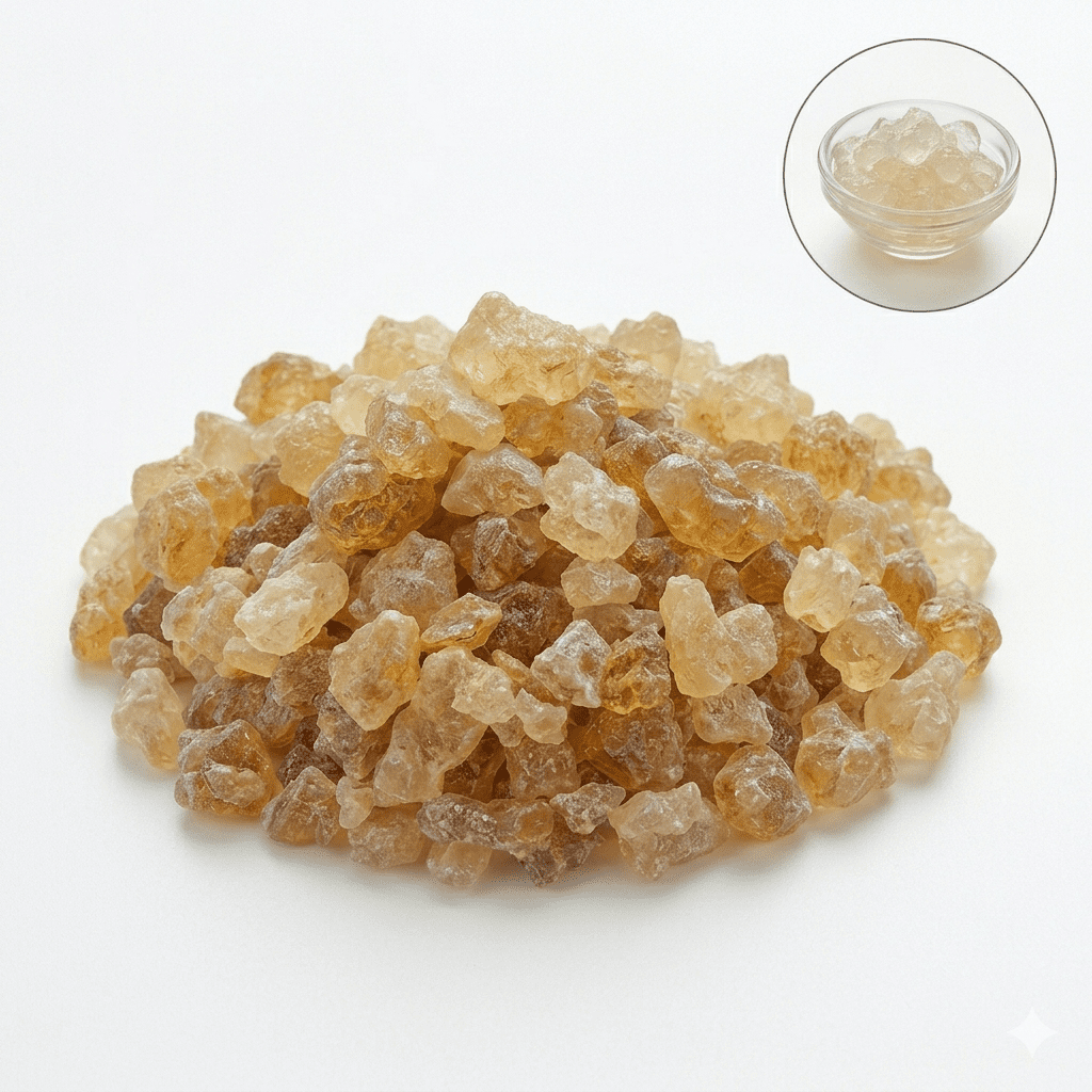 Gond Katira premium edible gum crystals close-up, translucent katira gond for panjiri laddoo & health from Zafran House
