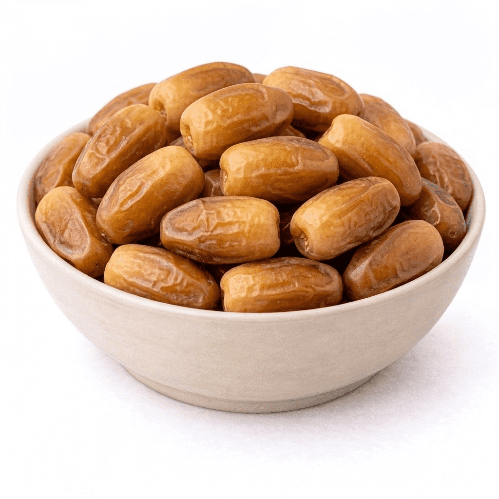 Zahidi Dates premium fresh bowl close-up, firm golden-brown khajoor mild sweet energy-rich from Zafran House